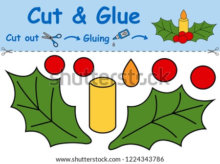 Paper game for the development of preschool children. Cut parts of the image and glue on the paper. The Christmas holly with a candle. Vector illustration 