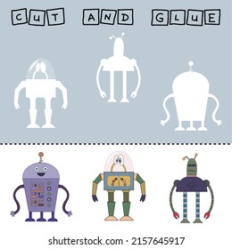 Paper game for the development of preschoolers. Cut out parts of the image and glue the robot. Fun game for kids and kids