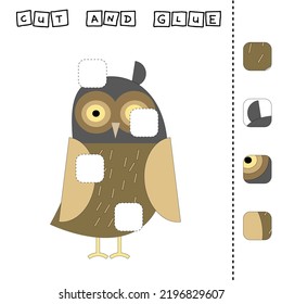 Papierspiel zur Entwicklung von Vorschulkindern. Schneide Teile des Bildes aus und klebe auf der Eule. Ein lustiges Spiel für Kinder 