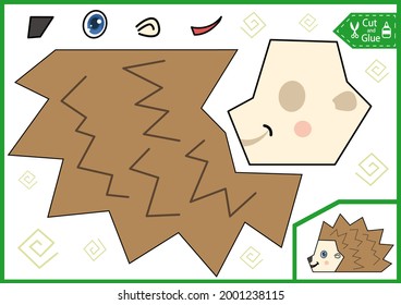 Paper game for kids craft. Cut and glue puzzle hedgehog. Worksheet and activity page for children. Cutout cartoon toy animal. Vector illustration.