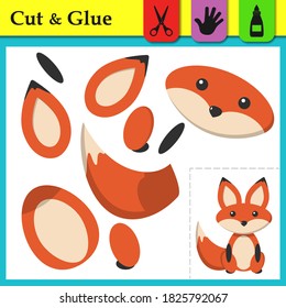 Paper game for kids. Create the applique cute Fox. Cut and glue. Forest animal. Education logic game for preschool kids. Worksheet activity perfect for scissor practice, fine motor and cutting skills.