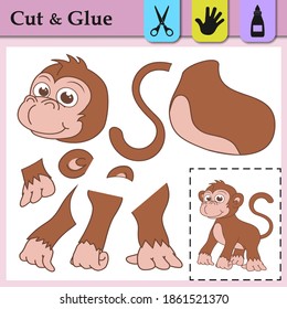Paper game for kids. Create the applique cute Monkey. Cut and glue. Wild animal. Education logic game for preschool kids. Worksheet activity perfect for scissor practice, fine motor and cutting skills