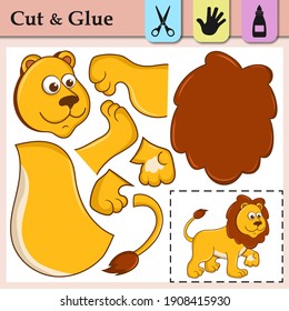 Paper game for kids. Create the applique cute Lioness. Cut and glue. African animal. Education logic game for preschool kids. Worksheet activity perfect for scissor practice, fine motor,cutting skills