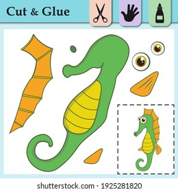 Paper game for kids. Create the applique cute Sea Horse. Cut and glue. Sea Fish. Education logic game for preschool kids. Worksheet activity perfect for scissor practice, fine motor, cutting skills