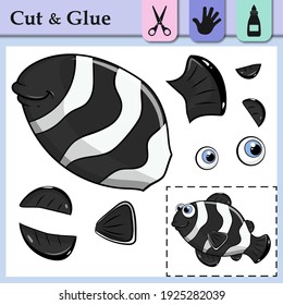 Paper game for kids. Create the applique cute black fish. Cut and glue. Sea Fish. Education logic game for preschool kids. Worksheet activity perfect for scissor practice, fine motor, cutting skills