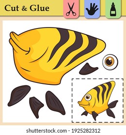Paper game for kids. Create the applique cute ocean Fish. Cut and glue. Coral Fish. Education logic game for preschool kids. Worksheet activity perfect for scissor practice, fine motor, cutting skill