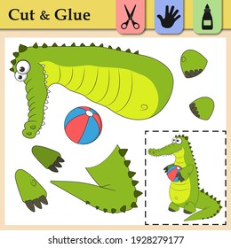 Paper game for kids. Create the applique cute Crocodile. Cut and glue. Wild animal. Education logic game for preschool kids. Worksheet activity perfect for scissor practice,fine motor, cutting skills