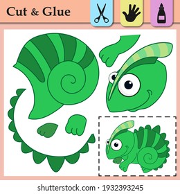 Paper game for kids. Create the applique cute Chameleon. Cut and glue. Lizard. Education logic game for preschool kids. Worksheet activity perfect for scissor practice, fine motor and cutting skills