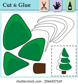 Paper game for kids. Create the applique cute Christmas Tree in snow. Cut and glue. Winter symbol. Education and logic game. Difficult level. Worksheet activity perfect for scissor practice, motor.