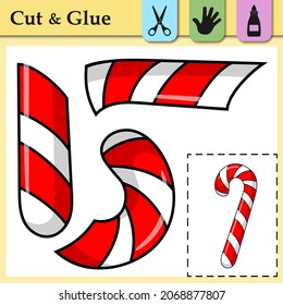Paper game for kids. Create the applique cute Candy Cane. Cut and glue. Winter symbol. Education and logic game. Difficult level. Worksheet activity perfect for scissor practice, motor, cutting.