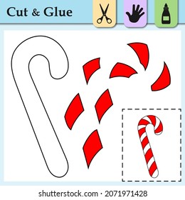 Paper game for kids. Create the applique cute striped lollipop. Cut and glue. Winter symbol. Education and logic game. Difficult level. Worksheet activity perfect for scissor practice, motor, cutting.