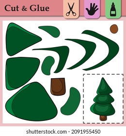Paper game for kids. Create the applique cute New Year Tree. Cut and glue. Winter symbol. Education and logic game. Difficult level. Worksheet activity perfect for scissor practice, motor, cutting.