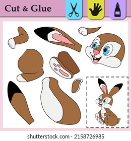 Paper game for kids. Create the applique cute Hare. Cut and glue. Forest animal. Education logic game for preschool kids. Worksheet activity perfect for scissor practice, fine motor, cutting skills.