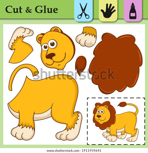 Paper game for kids. Create the applique cute Lion. Cut and glue. African animal. Education