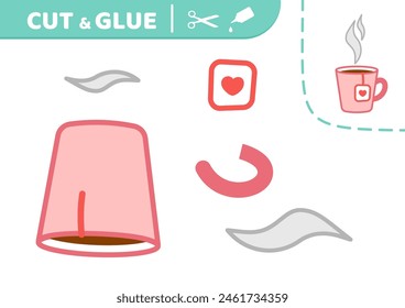 Paper game. Pink cup with tea bag. Applique. Cut and glue. Pink cup. Vector