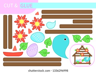 Paper game, puzzle-time "Cut and glue": blue mother-bird makes a nest of leaves for its colorful eggs in the house-feeder with flowers. Spring, Easter page-activity for kids