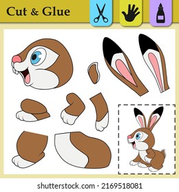 Paper game with sitting Hare. Create the applique cute Rabbit. Cut and glue. Forest animal. Education logic game for kids. Worksheet activity perfect for scissor practice, fine motor, cutting skills.