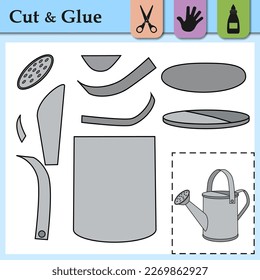 Juego de papel con Watering Can. Cree el aplicativo de la herramienta de jardinería para regar las plantas y flores usan el ejemplo. Cortar y pegar. Símbolo de riego. Juego de lógica educativa y actividad de hoja de cálculo para niños.