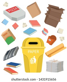 Paper garbage. Boxes, paper, newspapers, packaging, books.Cartoon vector illustration.
