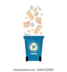 Paper garbage falling into container on white background. Recycl