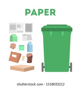 Paper garbage set. Trash container for paper rubbish only. Idea of recycle and ecology. Isolated vector illustration in flat style