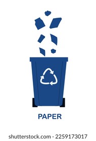 Paper garbage sorting. Blue container for paper waste, trashcan. Motivational poster or banner for website. Care for nature and ecology, sustainable lifestyle. Cartoon flat vector illustration