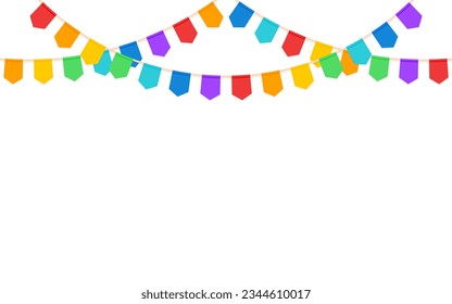 Paper garland carnival holiday dangling flag flat. Colorful party decoration festival template greeting card birthday banner background with flags hanging header christmas anniversary fair concept