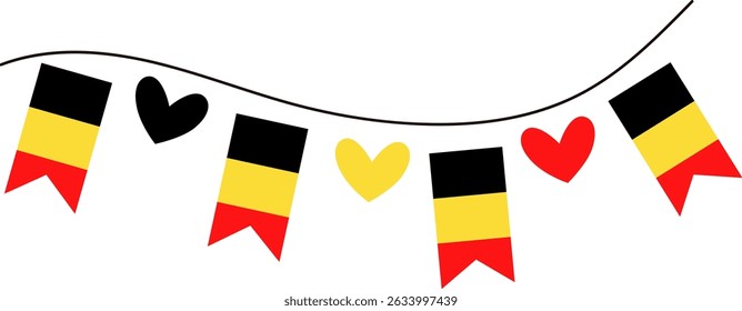 paper garland heart shape Belgian national flag color. . Flat cartoon hand drawn vector illustration	
