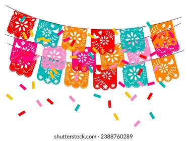 garland mexicano de papel. plantilla multicolor con banderas tradicionales mexicanas colgadas. Ilustración de material vectorial. aislado en un fondo blanco. 