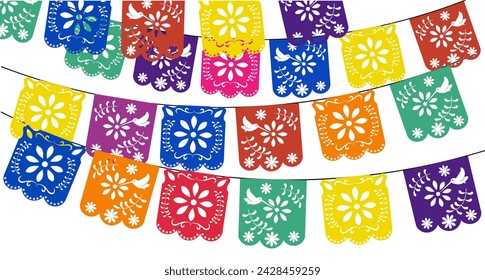 guirnalda de papel mexicana. plantilla multicolor con banderas tradicionales mexicanas colgando. Ilustración vectorial. papel picado. aislado sobre un fondo blanco. 