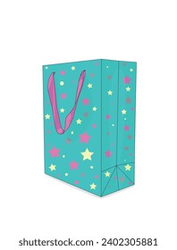 Bolsa de regalo de papel y mango de satén rosado. Merchandising y concepto. Diseño de ilustración de vector