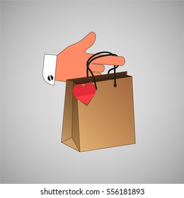 Paper gift bag with valentine isolate on gray background. stylish vector illustration