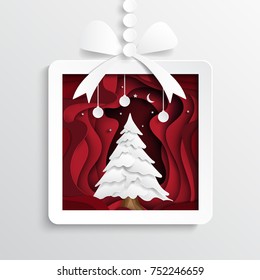 Paper gift box with christmas tree on red paper art background.For merry christmas and happy new year.Vector illustration.