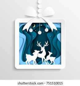 Paper gift box with deers family joyful on blue snow and winter season background.For merry christmas and happy new year paper art style.Vector illustration.