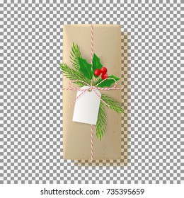 Paper gift box isolated on transparent backdrop. Vector illustration. Top view on Xmas gift with fir tree branch and holly. Template for greeting card on Christmas or New Year.