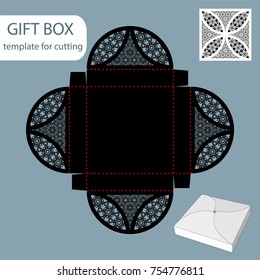 Paper gift box, lace pattern, square bottom, cut out template, packaging for retail, greeting packaging, can be laser cut, vector illustrations.