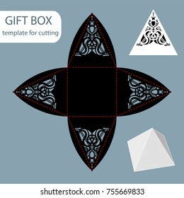 Paper gift box, lace pattern, pyramid with a square bottom, cut out template, packaging for retail, greeting packaging, can be laser cut, vector illustrations.