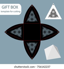 Paper gift box, lace pattern, pyramid with a square bottom, cut out template, packaging for retail, greeting packaging, can be laser cut, vector illustrations.