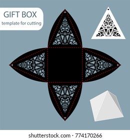 Paper gift box, lace pattern, pyramid with a square bottom, cut out template, packaging for retail, greeting packaging, can be laser cut, vector illustrations.