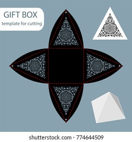 Paper gift box, lace pattern, pyramid with a square bottom, cut out template, packaging for retail, greeting packaging, can be laser cut, vector illustrations.