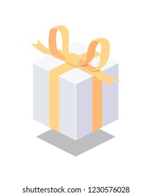 Paper gift box with yellow bow and ribbon. Isometric composition. Vector illustration