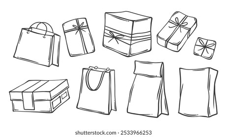 Paper gift boxes and bags line icons set. Outline pouch and handbag with handles, package with rope knot and bow. Present, shopping mascot, hand drawn eco bags icon collection vector illustration