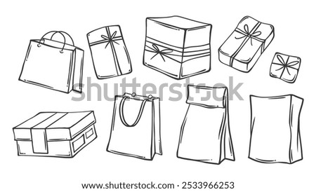 Paper gift boxes and bags line icons set. Outline pouch and handbag with handles, package with rope knot and bow. Present, shopping mascot, hand drawn eco bags icon collection vector illustration