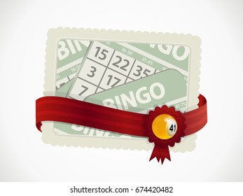 Paper Gift Card with Red Ribbon and Crest with Bingo Ball and Green Bingo Cards