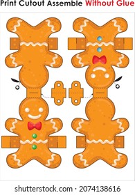 
Paper Gingerbread Man. Print cutout assemble without glue.  DIY from paper.