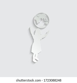 paper girl holding the earth.  child care of planet icon. globe in children hands