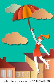 Paper girl with an umbrella flying over the roofs of houses. Paper style for the greeting card, banner, design