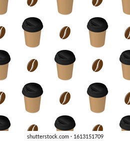 Paper glass with coffee. Seamless pattern. Fast food. Vector background