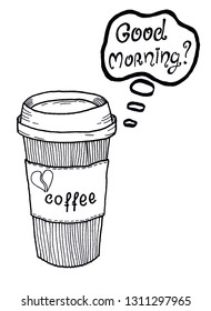 paper glass of coffee silhouette good morning black and white vector
