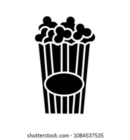 Paper glass with popcorn glyph icon. Pop corn. Silhouette symbol. Negative space. Vector isolated illustration